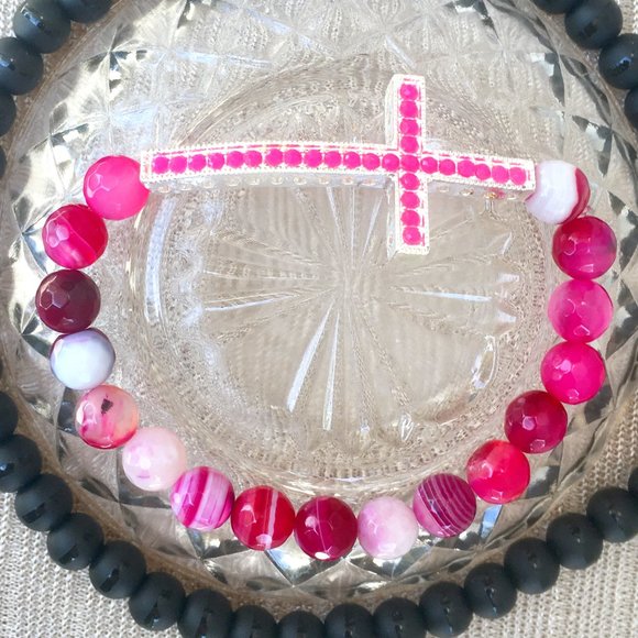 Jewelry Gypsy Chest Jewelry - Crystal Cross Collection: Pink Agate Precious Stones Bracelet